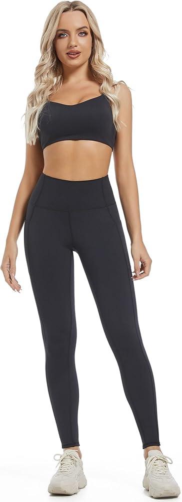 Seamless Racer Back Sports Bra & Sports Leggings, Size Large, Black