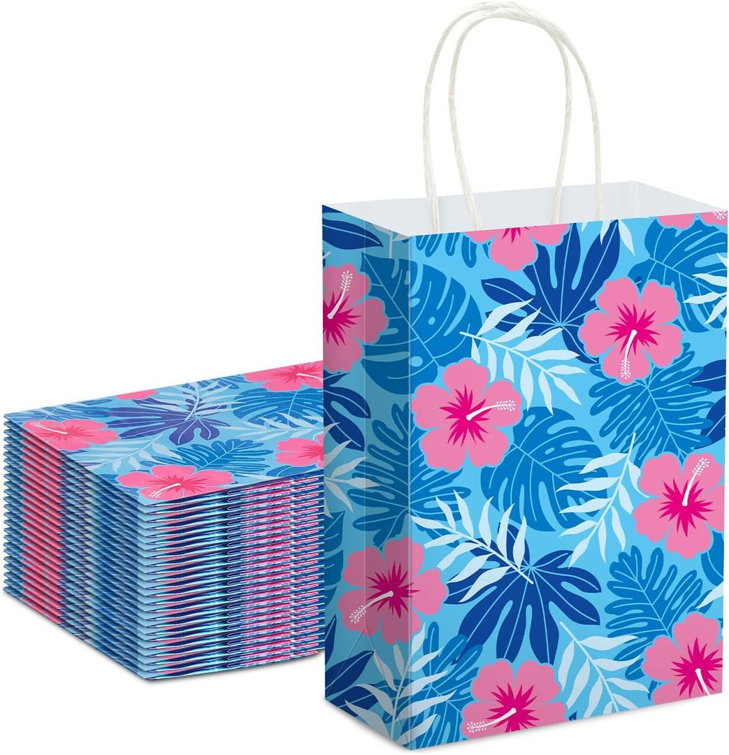 Kolldenn Set of 24 Cute Cartoon Blue Pink Hibiscus Party Gift Bags Hawaiian Party Favors Paper Goodie Candy Bags with Handles for Hawaiian Tropical Birthday Baby Shower Supplies (Bright)