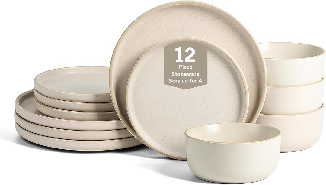 Earth & Clay Amber 12-Piece Dinnerware Set Stoneware, Dishwasher and Microwave Safe Plates and Bowls Set, Dish Set for 4, White Speckled