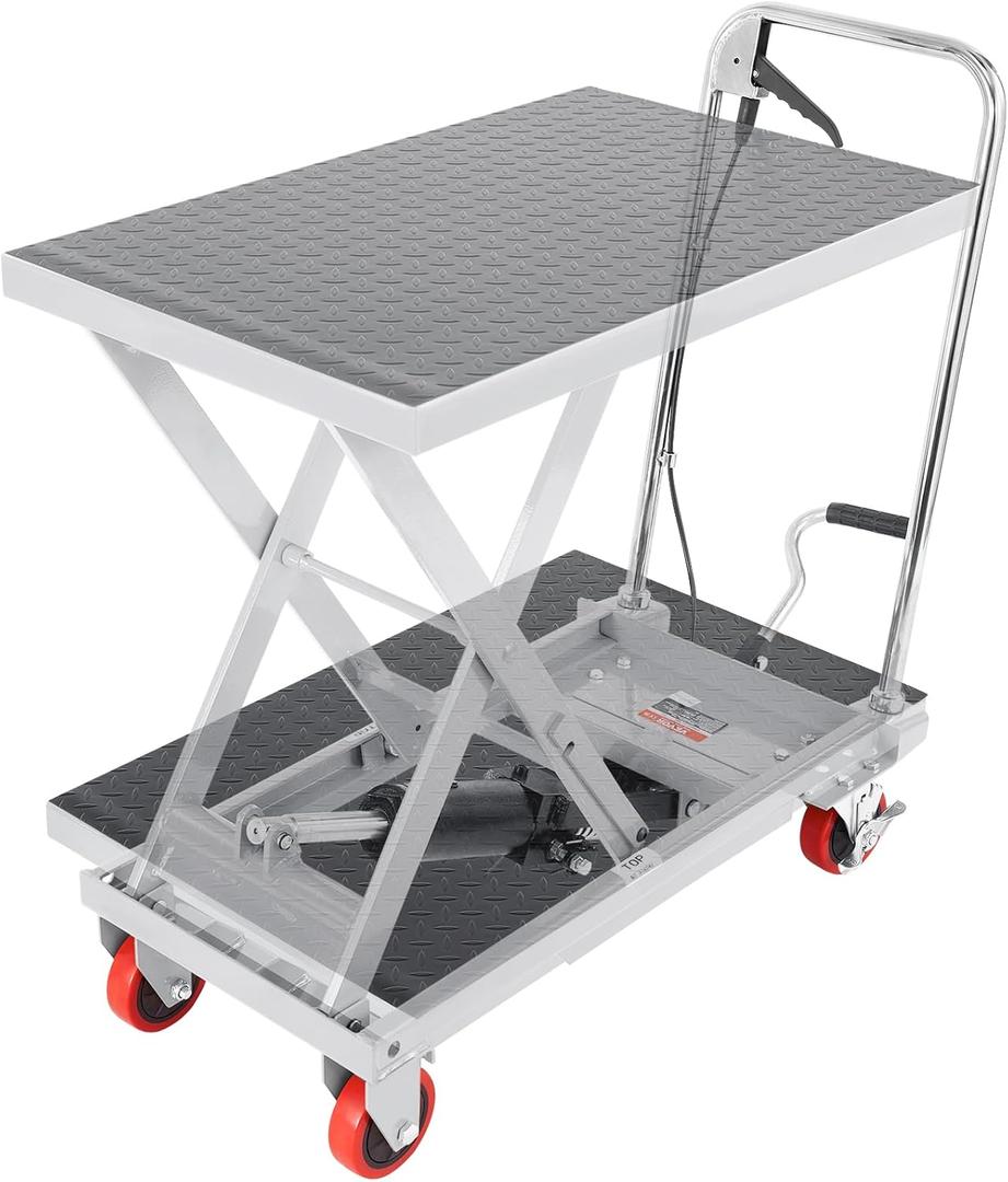 VEVOR Hydraulic Lift Table Cart, 500lbs Load Capacity 28.5 Inch Lifting Height, Manual Single Scissor Lift Table with 4 Wheels and Non-Slip Pad, Alloy Steel, Gray