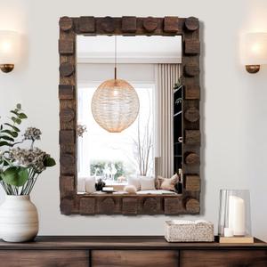 Wall Mirror with Rustic Wood Frame, 28"x20" Solid Wood Vanity Mirror for Bathroom, Bedroom, or Entryway, Vertical or Horizontal Mount
