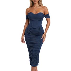 Scarlett Women's Off the Shoulder Faux-Corset Ruched Midi Dress (Blue, S)