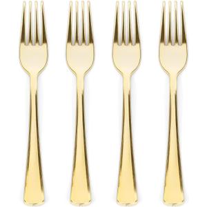 Prestee Set of 300 Gold Plastic Forks Disposable - 7-in Heavy-Duty Fork Flatware - Bulk Pack Fancy Silverware - Sturdy Elegant Cutlery for Weddings, Birthday Parties, Buffets, Catering, and Events