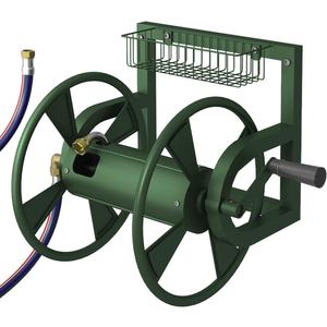 Outdoor Garden Hose Reel Wall Mount, Heavy-Duty Water Hose Holder Winder with 3.9 ft Leader Hose, Brass Fitting and Storage Basket for Yard, Holds 125 Feet of 5/8-Inch Hose, Green