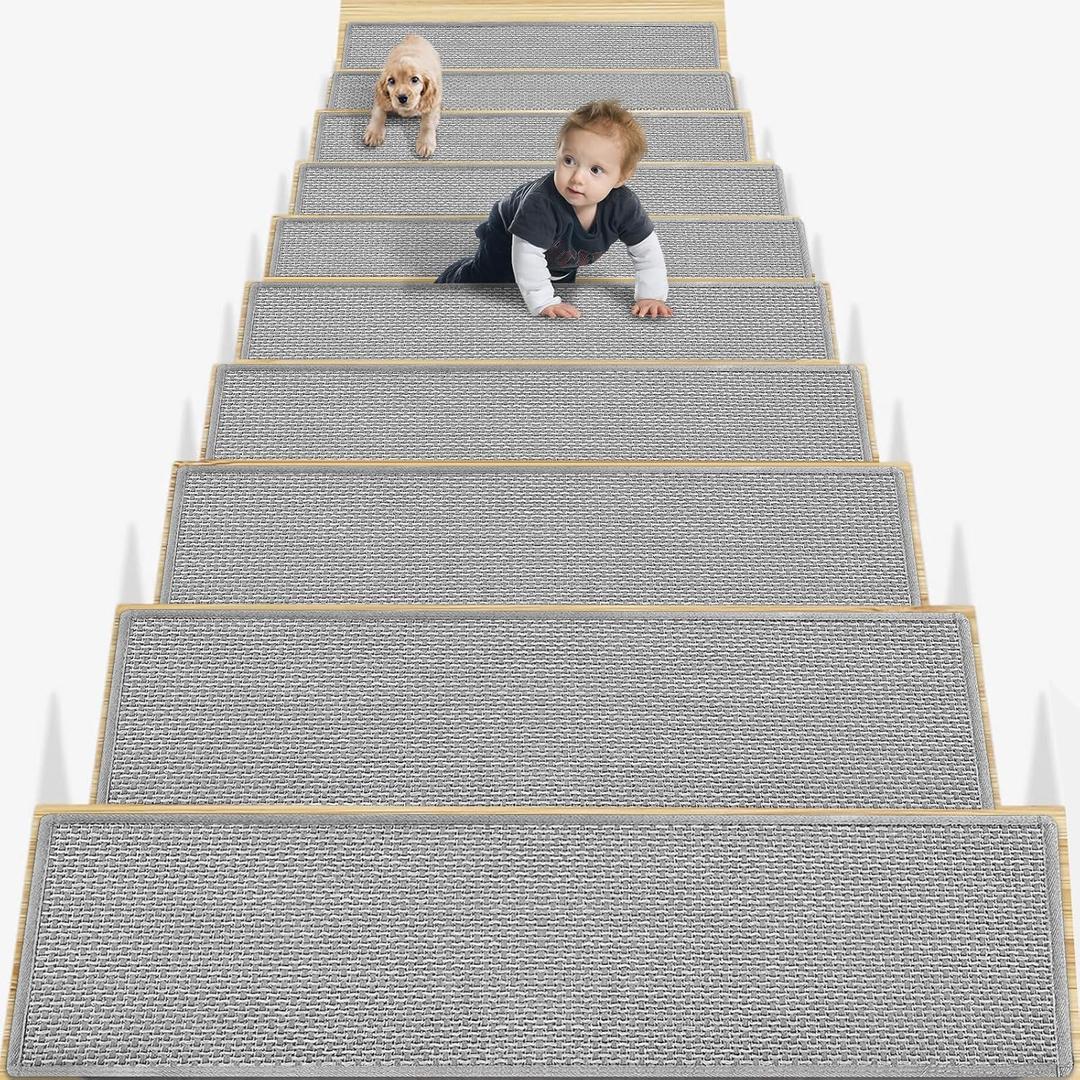 15PCS Non Slip Linen Carpet Stair Treads - 30" x 8" Skid Resistant Safety Rugs for Wooden Steps Indoor, Grey - Ideal for Kids, Elders & Pets