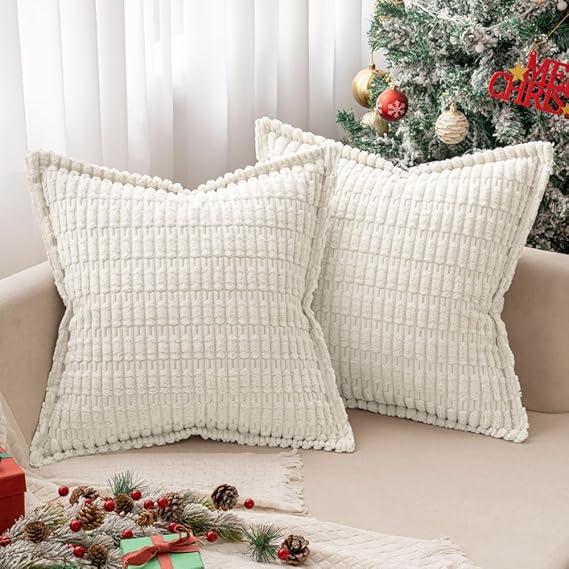 MIULEE Pure White Corduroy Decorative Throw Pillow Covers Pack of 2 Soft Striped Pillows Pillowcases with Broad Edge Modern Winter Cute Boho Home Decor for Couch Sofa Bed 16x16 Inch