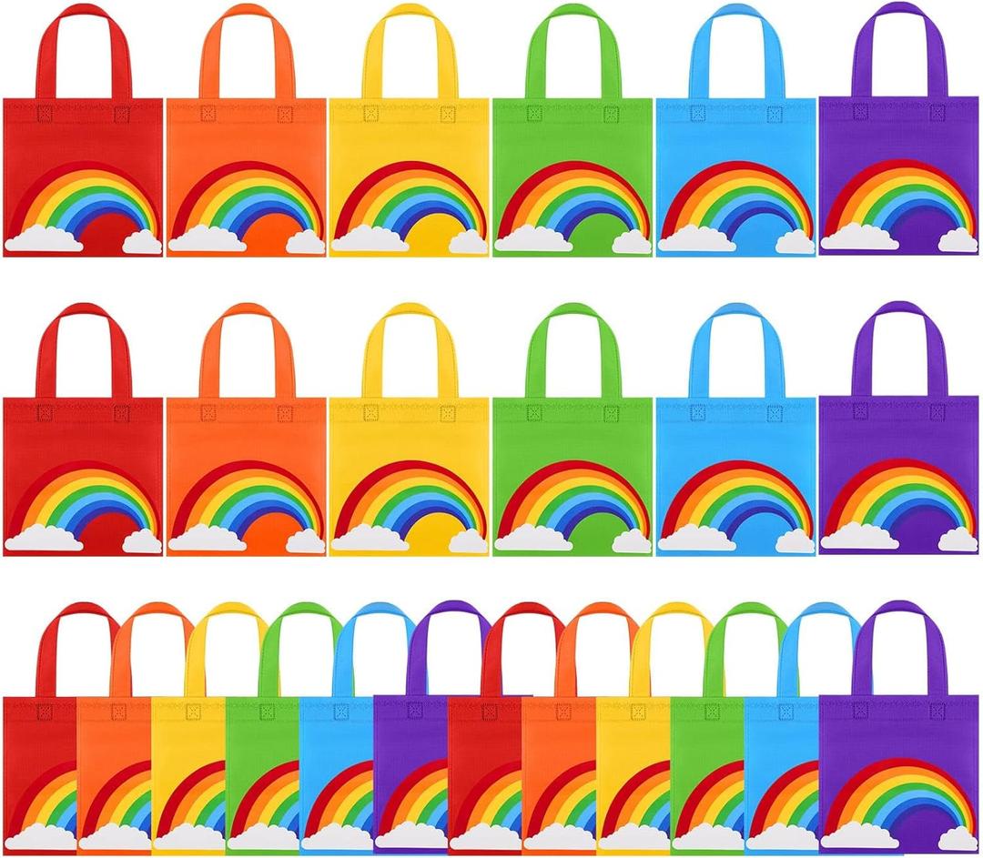 Aneco 24 Pieces Candy Non-Woven Bags Rainbow Party Favor Bags 88 Inch Trolls Goodie Bags 6 Colors Party Favor Gift Bags for Birthday Wedding