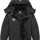 SOBAPRA Kids Waterproof Ski Jacket Warm Winter Snow Coat Boys and Girls Fleece Hooded Snowboarding Jacket, Black, Size 13-14