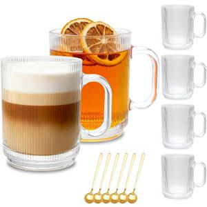 6 PACK Glass Coffee Cups with Handle & Spoon, 12 OZ Glass Coffee Mugs, Ribbed Glass Cups, Clear Tea Cup for Hot/Cold Beverages, Glassware Set for Americano, Latte, Cappuccino