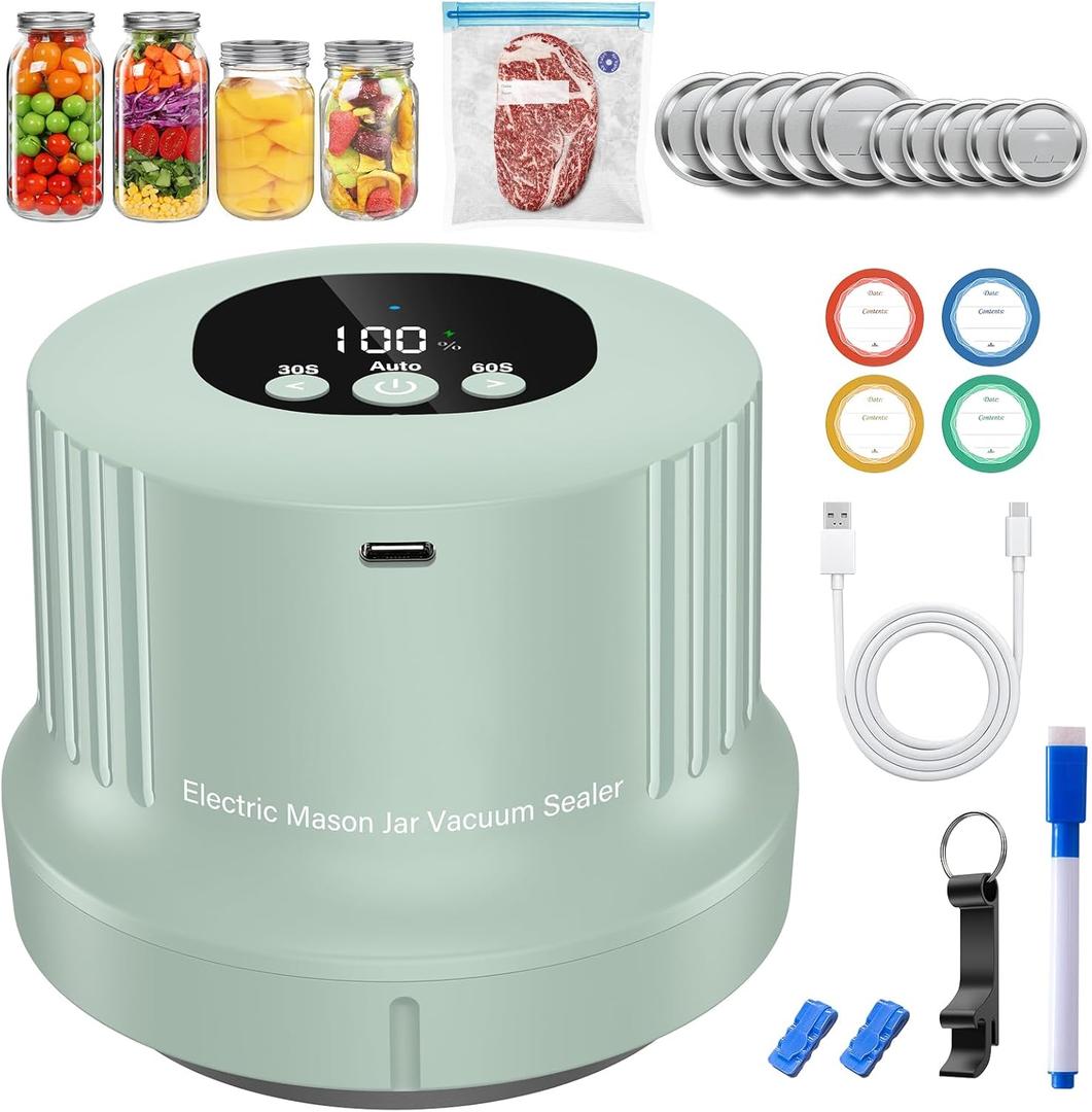Mason Jar Vacuum Sealer Kit-Full-Automatic-Jar-Sealer-Vacuum-Sealing,3 in 1 Cordless Canning Jar Vacuum sealer with Wide&Regular Mouth Mason Lids/Reusable Vacuum Bags/Food Saver Vacuum Sealer for Jars