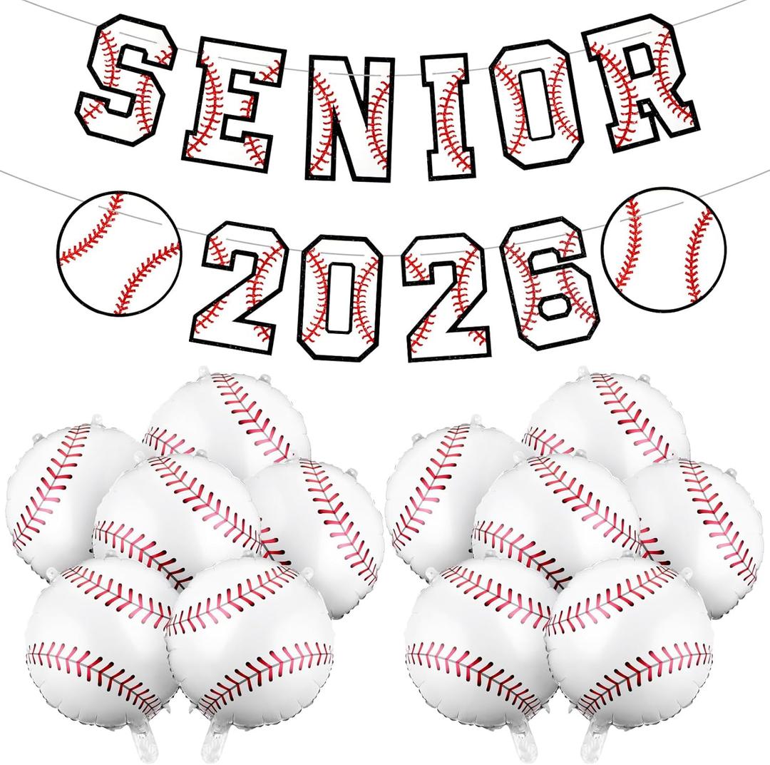 Shyyween Senior Night Baseball Decorations, Baseball Senior 2026 Banners with 12 Foil Balloons 18 Inch, 2026 Graduation Party Supplies for High School College