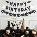 Black Glitter Halloween Birthday Banner, Pre-Strung Happy Birthday Halloween Banner Ghosts Hearts Skulls Bats Hanging Paper Garland Photo Prop for Wall Mantle Home Supplies