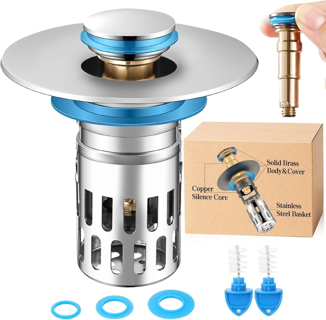 1Pack Universal Bathroom Sink Stopper Replacement,Pop Up Sink Drain Strainer Hair Catcher,Solid Brass Silent Popper Core/Stopper/Cover,Stainless Steel Removable Filter Basket for 1.05~2.0''Hole (1pc) (1pack (Polished Silver))