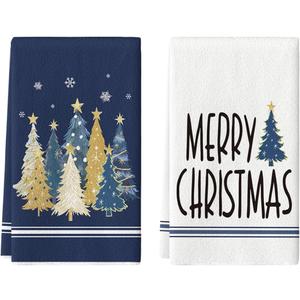 Artoid Mode Blue Xmas Tree Merry Christmas Kitchen Towels Dish Towels, 18x26 Inch Farmhouse Star Snowflakes Decoration Cleaning Set of 2