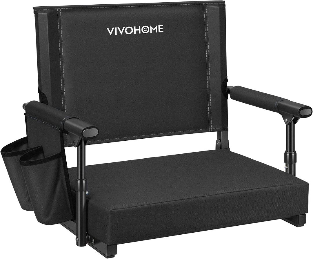 VIVOHOME Stadium Seat with Back Support and Cushion, Portable Bleacher Chair with Cup Holder and Shoulder Strap, Comfortable for Various Sports Events, Black