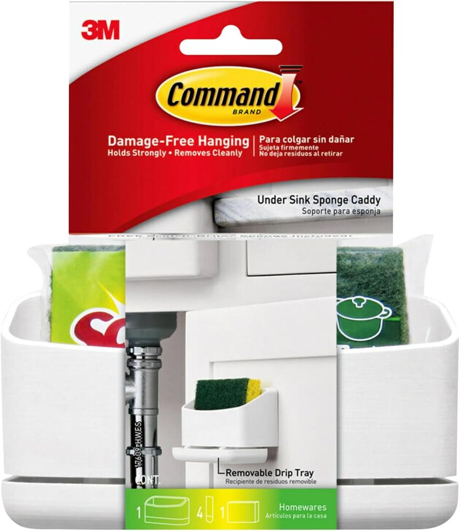 Command Under Sink Sponge Caddy, Total 2 Sponge Holders with 8 Strips, 2 Pack of 1 Caddy, Organize Damage-Free