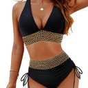 Blooming Jelly Women High Waisted Bikini Sets Tummy Control Swimsuits Color Block Two Piece Drawstring Bathing Suit, XL