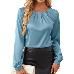Bluetime Silk Blouses for Women Dressy Work Satin Dress Shirts Pleated Long Sleeve Business Casual Tops Fall Outfits (Blue, L)