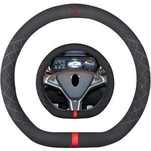 Suede 14 inch D Shape Steering Wheel Cover,Compatible with Tesla Model S Model Y Model X Suede Leather Sport Non-Slip Flat Bottom Wheel Cover Car Interior Accessories 14-14 1/4 inch