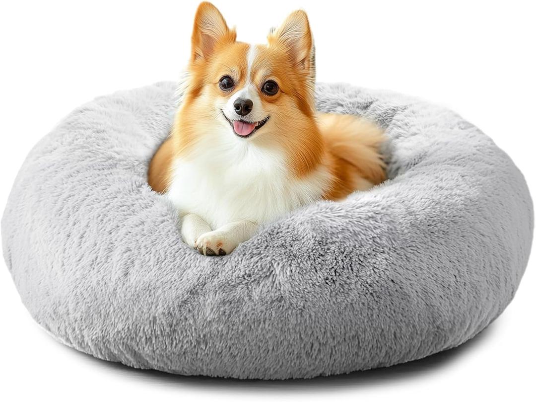 JOLLYVOGUE Calming Dog Bed for Small Dogs - 23 inches Donut Washable Small Dog Bed for Kittens & Puppies, Anti-Slip Round Fluffy Plush Faux Fur Cat Beds (Fits up to 25 lbs Pets, Grey) (01 - Smoke Grey)