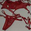 WDIRARA Women's 3 Piece Floral Lace Underwire Garter Lingerie Bra and Thong Set, Small, Burgundy Solid