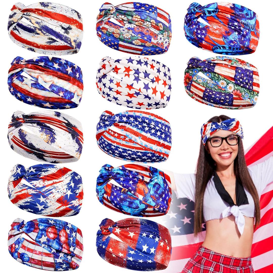 JaGely 12 Pcs Red White and Blue Hairband American Flag Patriotic Headbands for Women Military Veteran Gifts USA Flag Hair Accessories Stretchy Non Slip Wide Knotted Bandanas for Memorial Day