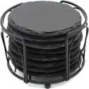 8 PCS Round Slate Drink Coasters Set, SIJDIEE 4 Inch Laser Engraving Black Slate Stone Coasters with Anti-Scratch Bottom and Coaster Holder for Office Bar Kitchen Home Dinner Table Decor Supplies