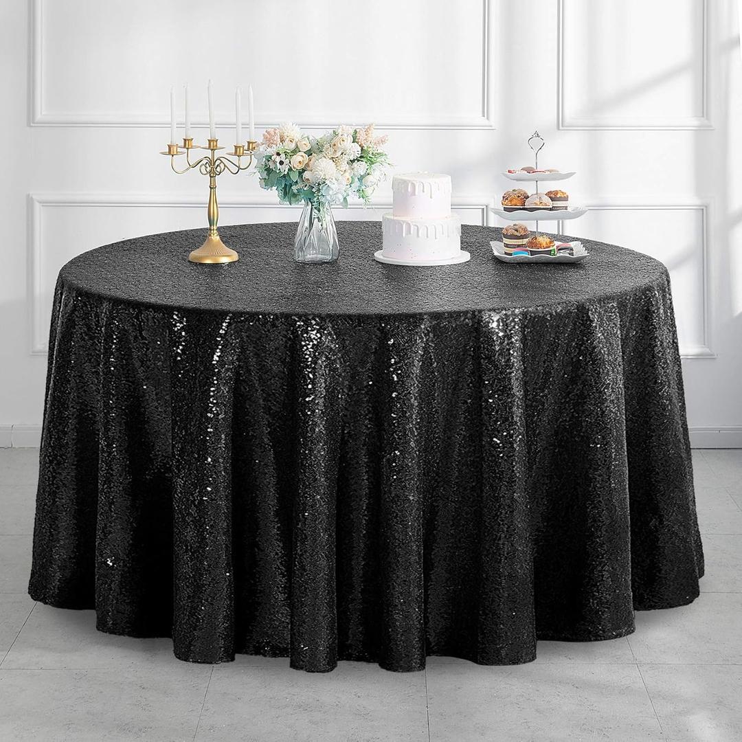 Pufogu 50" Round Black Sequin Tablecloth Glitter Black Table Cloths for Birthday Wedding Bridal Baby Shower Party Decorations