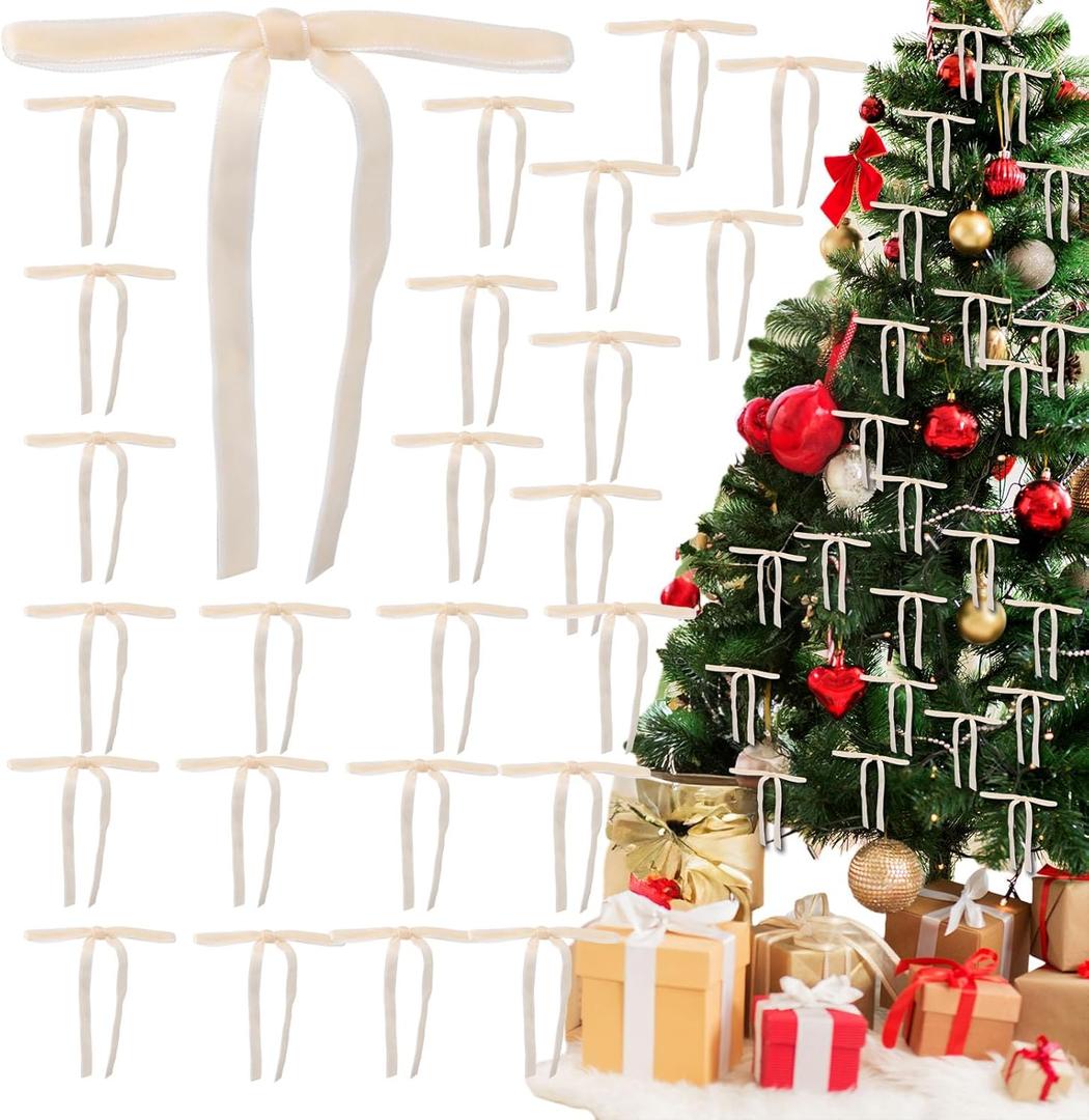 24Pcs Velvet Ribbon Bows for Christmas Tree, Christmas Wreath Bows,Vintage Rustic Ornaments for Garland, Wreath, Gift Wrapping, Treat Bags and DIY Holiday Decorations (5" x 7") (Champagne)