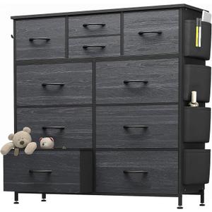 Dresser for Bedroom with 10 Drawers, Chest of Drawers with Side Pockets, Hooks, Wooden Top and Sturdy Metal Frame, Fabric Dresser Drawers for Living Room, Hallway (Black Wood Veins)
