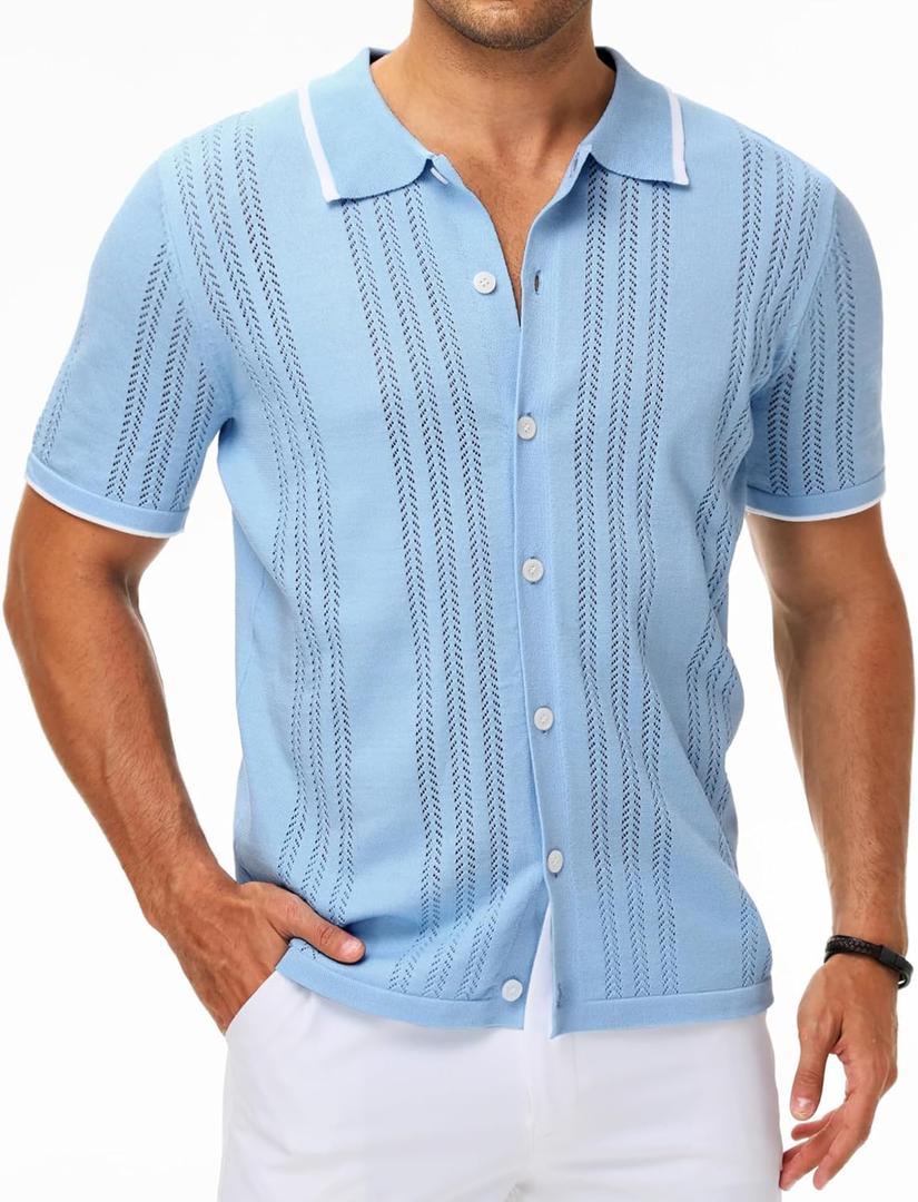 MAPICK Men's Button Down Polo Shirt Casual Short Sleeve Knit Shirt Summer Vacation Beach Clothes (3X-Large, Light Blue)