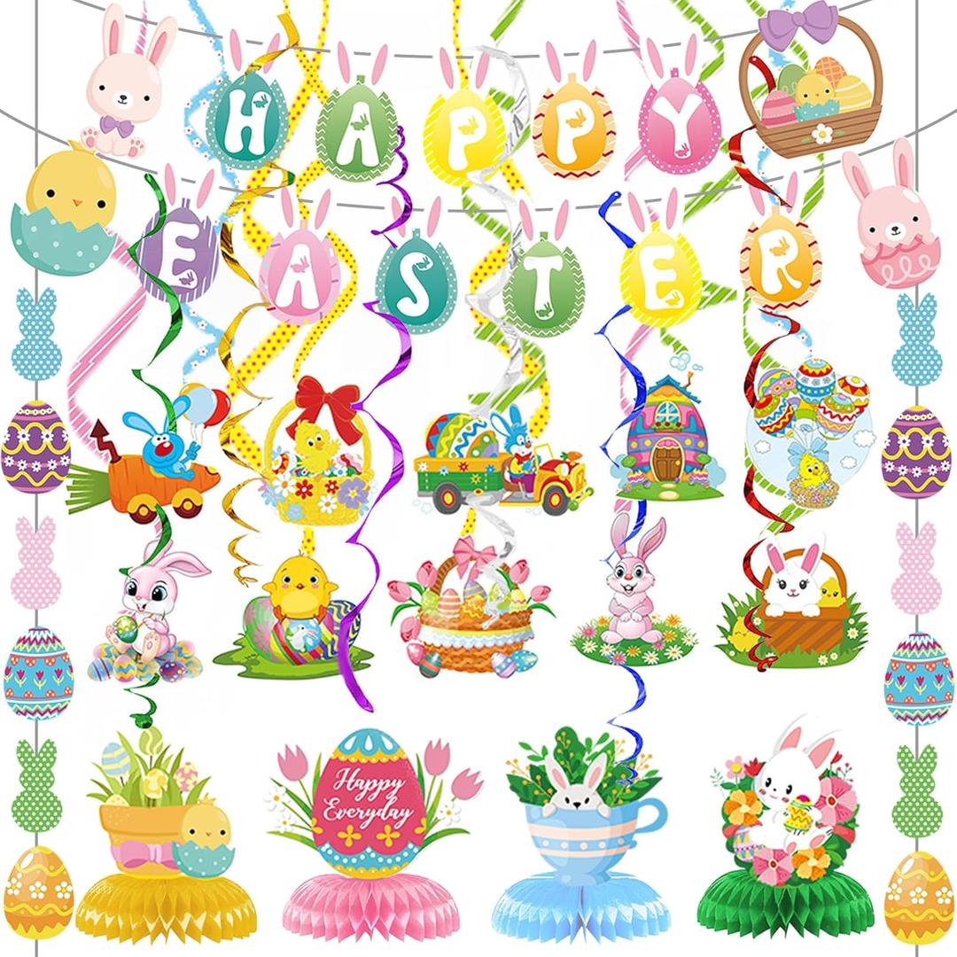Easter Decorations for Home Decor - 47Pcs Easter Decor Kit, Happy Easter Banners with 3D Bunny Backdrop for Photography Birth Party Favors for Class Office Ceiling Decor Yard Garden Outdoor