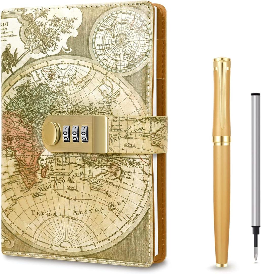 Vintage Old Map Diary with Lock,A5 Locking Journal Pu Leather Refillable Writing Notebook with Lock Combination Password Personal Lock Journal with Pen&Gift Box Secret Lock Diary for Adults Men & Women