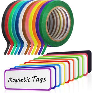 Fainne 12 Roll 1/ 8 Whiteboard Thin Tape with 54 Magnetic Dry Erase Label Name Plate Tag Magnetic Name Tag Pinstriping Tape for Back to School Office Supplies(Colorful)