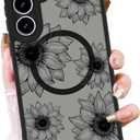 OOK Phone Case Design for Samsung Galaxy S25 Case [Compatible with MagSafe], Cute Sunflower Floral Blooms Design Black Frosted Shockproof for Women Girls Magnetic Phone Cover - Black Flower