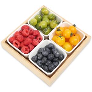 Ceramic Snack Bowls with Bamboo Tray Set,Divided Serving Bowls and Platters for Hosting & Party,Removable Serving Dishes for Chips and Dip,Fruit,Veggies,Candy and Snacks Kitchen Decor (4)