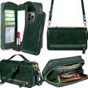 Harryshell Compatible with iPhone 12 Pro Max 6.7 inch Case Wallet Multi Zipper Detachable Magnetic Cover Clutch Purse with Card Slots Mirror Crossbody Chain Wrist Strap (Crocodile Teal)