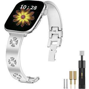 JOYOZY Metal Band Compatible with Apple Watch Band 38mm 40mm 41mm 42mm 44mm 45mm 49mm Fancy Luxury Strap with Sparkle Diamond, Dressy iWatch Bracelet, Cute Daisy Band for Women