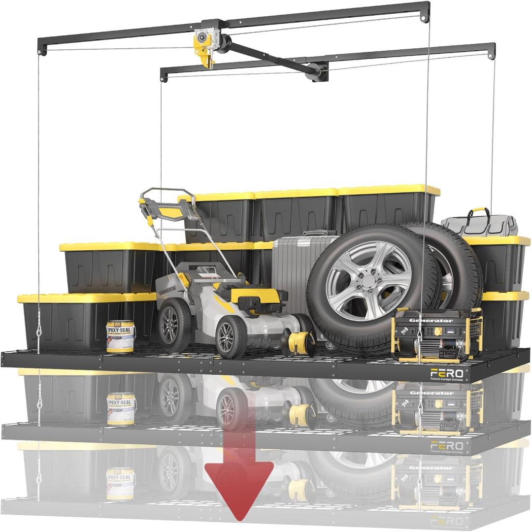 Garage Ceiling Storage Racks 4x8 FT Overhead Garage Storage Rack with Safety Lock, Heavy-Duty Ceiling Mounted Lift System and Storage Organizer, Ideal for Maximizing Overhead Space, 325 Lbs Capacity (Matte Black)