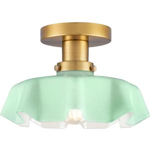 Semi Flush Mount Ceiling Light, Green Glass Ceiling Light Fixture, Vintage Ceiling Lighting with Flower Shaped, Indoor Close to Ceiling Lights, Brass Modern Lighting for Hallway Kitchen Bedroom