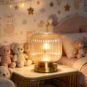 Mid Century Modern Table Lamp, Amber Ribbed Glass Nightstand Light with Gold Base,E26 LED Bulb Vintage Decorative Desk Lamp for Bedroom Living Room Study