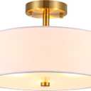 13" Semi Flush Mount Ceiling Light Fixture, 3-Light Gold Drum Light Fixture, Modern Close to Ceiling Light with White Fabric Shade Lamps for Bedroom Living Room Kitchen Hallway Entryway