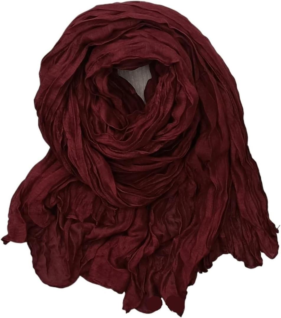 Solid Color Pleated Scarf Retro Green Thin Long Strip Shawl for Men and Women Winter Warm Silk Feel (180CM)