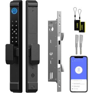 Sliding Door Smart Lock, Sliding Door Lock Fingerprint with Keypad RFID Bluetooth APP Smart Lock Digital Biometric Patio Door Lock Double Hook 2885 Mortise Lock Set with Handle
