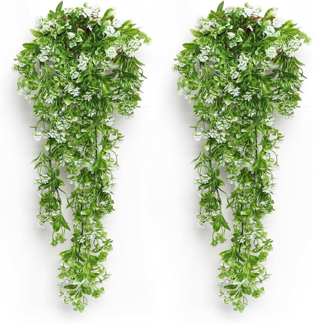 RECUTMS 2Pcs Artificial Hanging Flowers for Outdoor Decoration Fake Hanging Plants Faux White Flowers Artificial UV Resistant Plastic Greenery Vines Ivy for Outdoor Indoor Garden Party DecorWhite