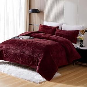 YIYEA Faux Fur Comforter Set King Size, Luxury Ultra Soft Fuzzy Comforter, Fluffy Plush Shaggy Bedding Comforter Sets for Fall and Winter, Cozy Warmth, No Shedding, 3PC, Red