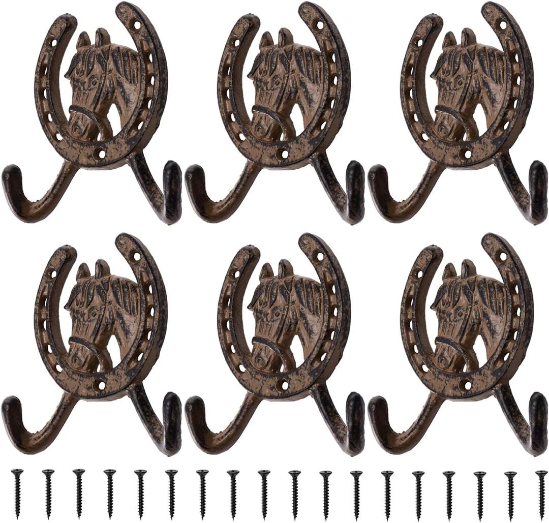 Peohud 6 Pack Cast Iron Coat Hooks, Rustic Double Wall Hooks, Horse Head Horseshoe Hook, Wall Mounted Farmhouse Coat Hangers for Towels, Hats, Keys, Bags, Caps
