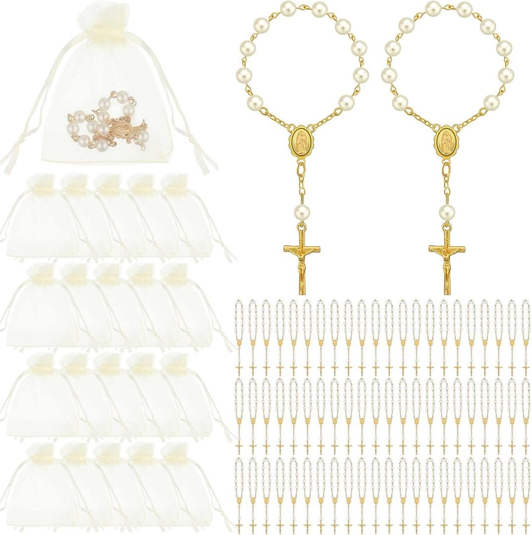 Fumete 60 Pieces Mini Rosary Favors Baptism Favors Acrylic Rosary Beads Finger Baptism Rosaries with Organza Bags for Christening Weddings Party