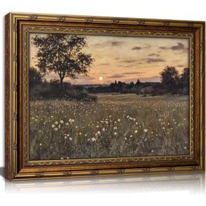 Vintage Gold Framed Canvas Wall Art Rustic Floral Field Nature Landscape Painting Picture Wall Decor Twilight Firefly Poster Print Artwork for Living Room Bedroom Home Decoration