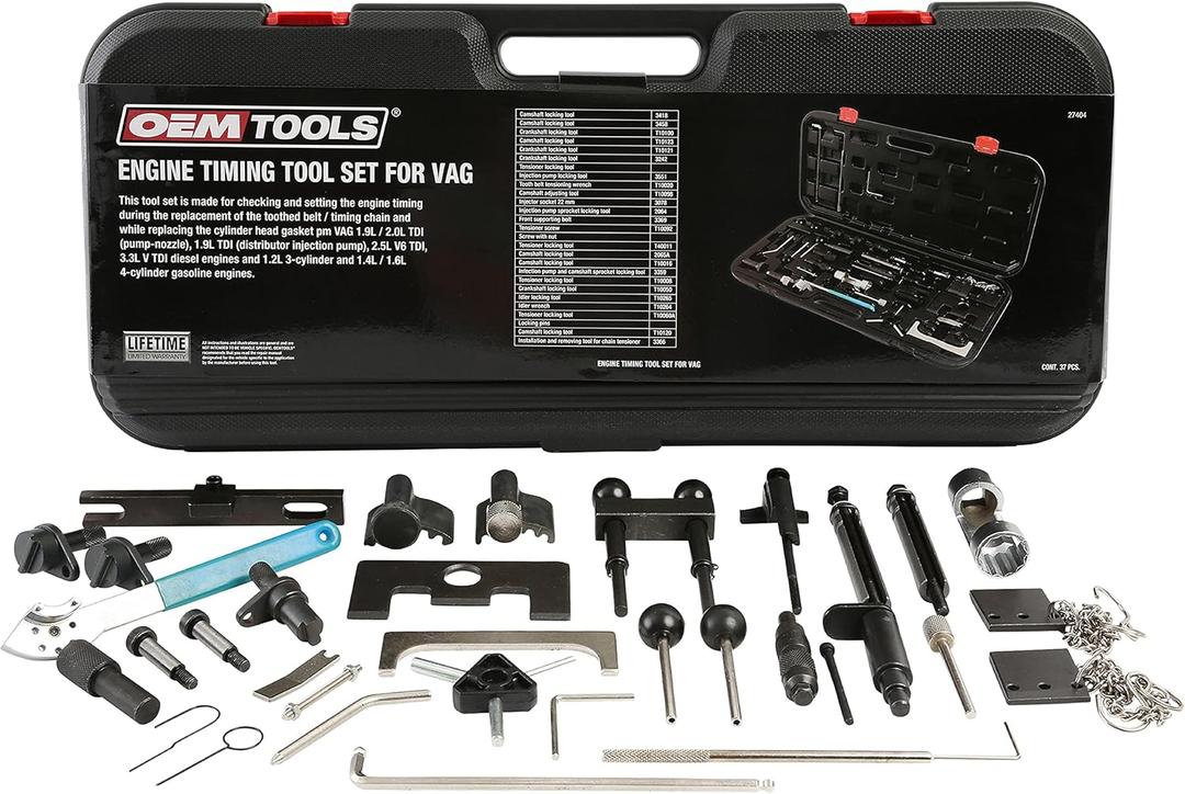 OEMTOOLS 27404 Engine Timing Tool Set for VAG, 37 Piece Engine Timing Locking Tool Kit, for VW and Audi, Timing Tool Kit with Belt Tensioner Tool, Cam Pulley Holder, Camshaft Adjuster